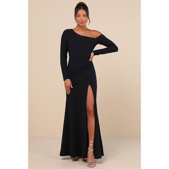 Lulus Elegant Sensation Navy Blue Asymmetrical Pleated Maxi Dress - Size XL - Picture 1 of 1